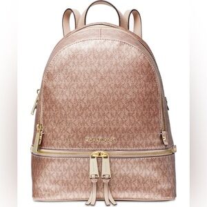Michael Kors Rhea Medium Metallic Rose Gold Signature Logo Backpack